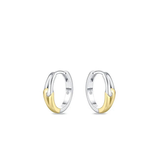 A pair of small hoop earrings with a two-tone design, featuring polished silver-colored metal and a curved gold-colored accent on each earring, set against a plain white background.