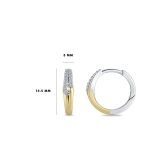 Two gold hoop earrings with measurements on a white background