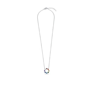A silver chain necklace with a small circular pendant featuring a rainbow of colored beads, displayed against a solid white background.