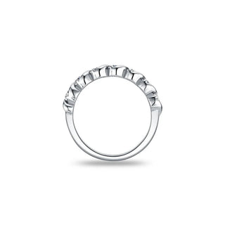 A silver ring with a textured, scalloped outer edge and a smooth inner band, shown from a top-down view on a white background.