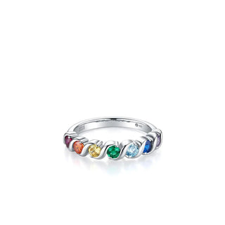 A silver band ring featuring seven small, colorful gemstones in a row, set against a clean white background.