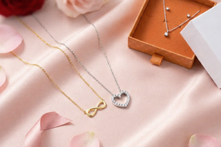 Two necklaces, one gold and one silver, on a pink fabric background with rose petals.