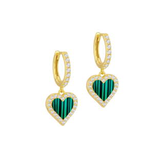 Gold Plated Silver Malachite & CZ Heart Hoop Earrings