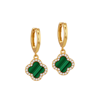 Gold Plated Silver Malachite & CZ Clover Huggy Earrings