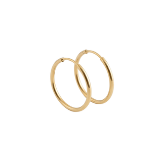 Two gold hoop earrings on a white background
