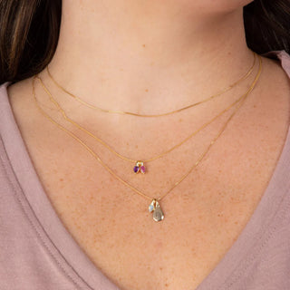 Close-up of a person wearing two gold necklaces with small pendants.