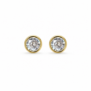 A pair of round gold stud earrings with clear gemstones, set against a plain white background.