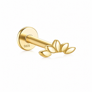 A gold-colored labret ear piercing stud featuring a barbell post with a small leaf cluster at the end and an engraved 'S925' mark on the flat back, shown on a clean white background.