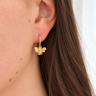 Gold Plated Silver Bee Drop Hoop Earrings