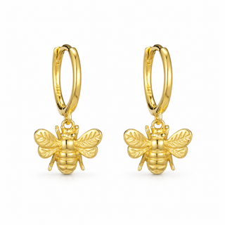 Gold Plated Silver Bee Drop Hoop Earrings