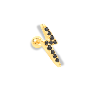 A gold-colored lightning bolt-shaped cartilage stud earring with black cubic zirconia accents.
