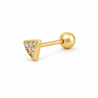 A gold triangular stud earring with a pavé setting of small clear stones, shown on a plain white background.