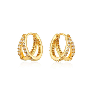 Gold Plated CZ V Shaped Double Hoop Huggie Hoop Earrings
