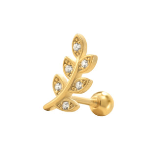 A gold leaf-shaped stud earring with clear round-cut gemstones set along the leaf branches, shown on a plain white background.