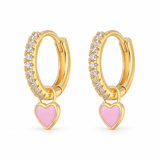 Gold Plated Silver CZ Pink Heart Hoop Earrings