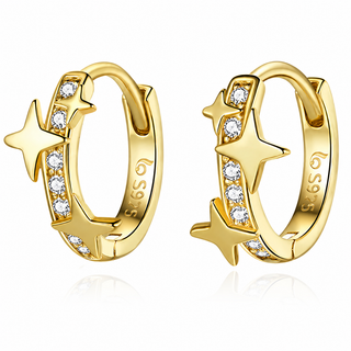 A pair of gold huggie hoop earrings with star-shaped charms and clear cubic zirconia stones, displayed on a clean white background with a subtle reflection.