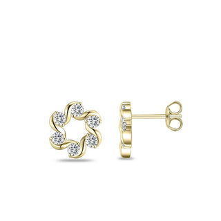 A pair of yellow gold stud earrings with a flower-like openwork design set with clear round-cut gemstones, shown from both front and side angles on a white background.