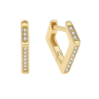 A pair of gold huggie hoop earrings with clear pavé gemstones, shown from both front and side angles on a plain white background.