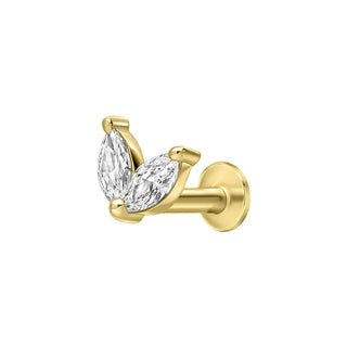 A gold butterfly stud earring featuring two marquise-cut clear gemstones, shown against a plain white background.