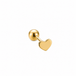 A gold-colored labret stud earring featuring a flat heart-shaped face and a polished ball back, shown on a solid white background.