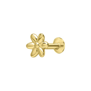 A single gold flower-shaped stud earring with a flat back, shown on a plain white background.