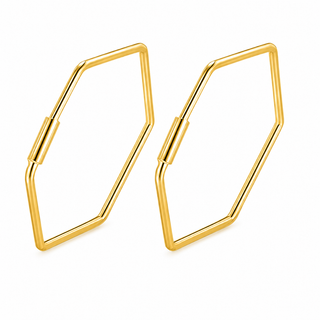 A pair of gold-plated geometric hoop earrings with a unique slanted hexagonal shape, displayed on a clean white background.