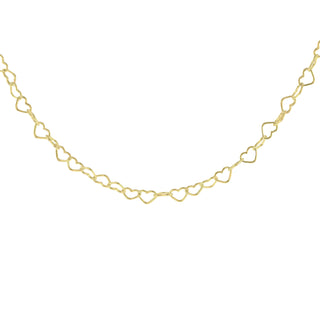 A delicate gold chain necklace featuring a repeating pattern of small, open heart links, displayed against a clean gray gradient background.