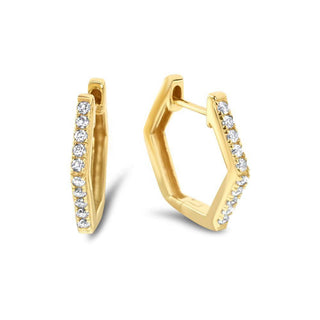 A pair of hexaganol  gold huggie hoop earrings with rows of clear pavé-set cubic zirconia stones, shown from two angles on a white background.