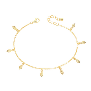 A two-layered gold-plated bracelet featuring leaf-shaped charms on a white background.