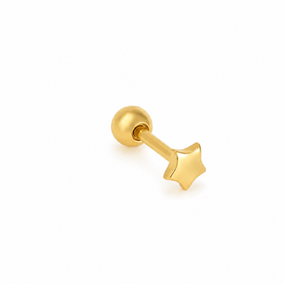 A gold-colored labret stud earring featuring a smooth spherical ball back and a star-shaped front post, shown on a clean white background.