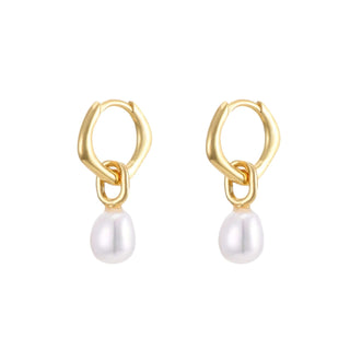 A pair of gold-colored pearl drop hoop earrings with a yellow gold plating.