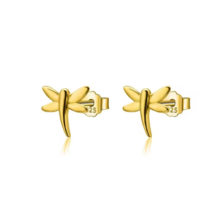 Gold dragonfly-shaped earrings on a white background
