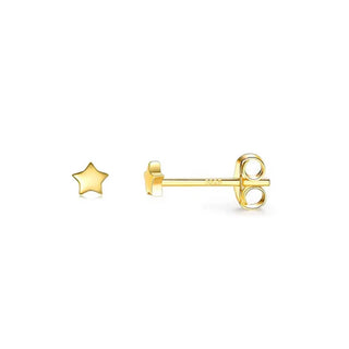 A pair of gold stud earrings, one shown as a flat five-pointed star and the other as a post with a butterfly back, on a plain white background.