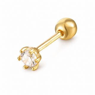 A gold-plated labret piercing stud with a round ball back and a six-prong claw setting holding a clear round-cut gemstone, shown on a solid white background.