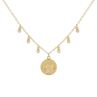 Gold Plated Silver Sun Coin Necklace with CZ Drop Charms