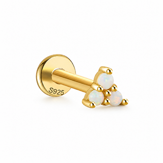 A gold labret stud earring featuring three small white opal gemstones arranged in a triangle at the tip. The post is marked 'S925' on the flat back disc, indicating sterling silver base metal, though the item is finished in yellow gold.