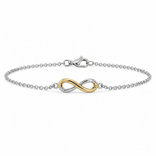 Bracelet with a gold and silver infinity symbol on a white background