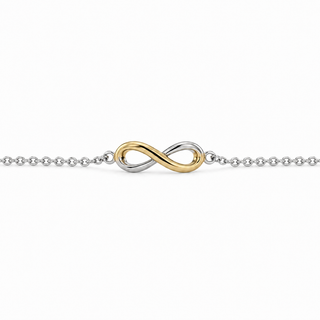 Bracelet with a gold and silver infinity symbol on a white background