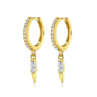 Gold Plated Silver White CZ Spike Charm Pave Huggie Hoop Earrings