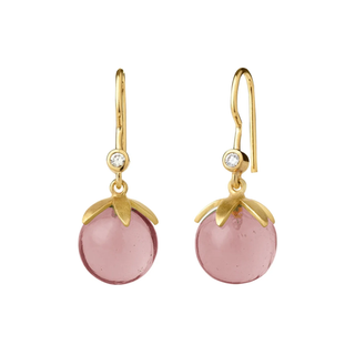 pink crystal ball drop earrings in a gold colour