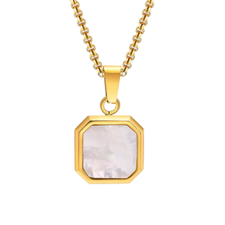 Gold necklace with a hexagonal pendant on a white background