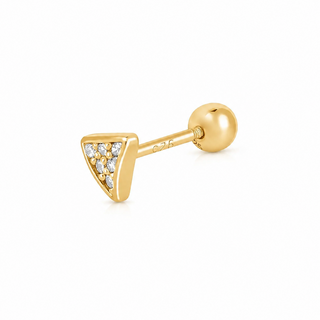 A gold triangular stud earring with a pavé setting of small clear stones, shown on a plain white background.
