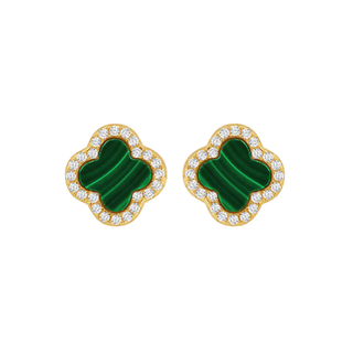 gold tone clover shaped stud earrings with a malachite centre stone and a halo of czs