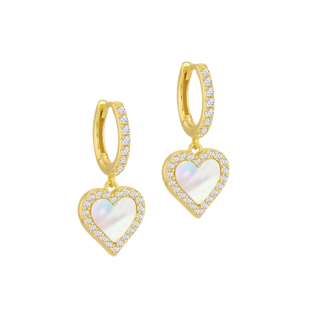 Gold heart-shaped earrings with clear stones on a white background