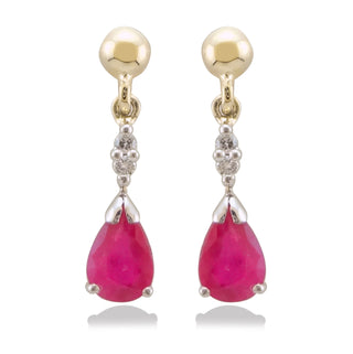 9ct Yellow Gold Ruby & Diamond Drop Earrings | 9ct Ruby Drop Earrings