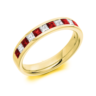 18ct Yellow Gold Princess Cut Ruby & Diamond Channel Set Eternity