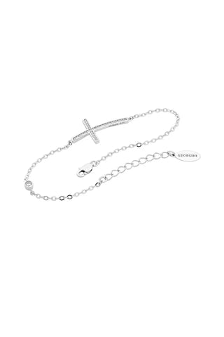 Silver bracelet with a cross charm on a white background