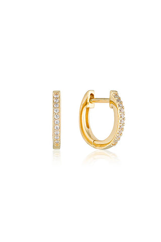 Gold hoop earrings with embedded stones on a white background
