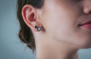Georgini Silver Reflection Oval CZ & Black Enamel Stud Earrings