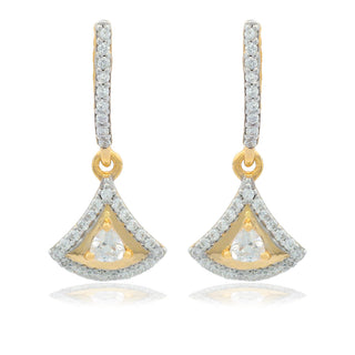 Gold and silver earrings with diamond accents on a white background